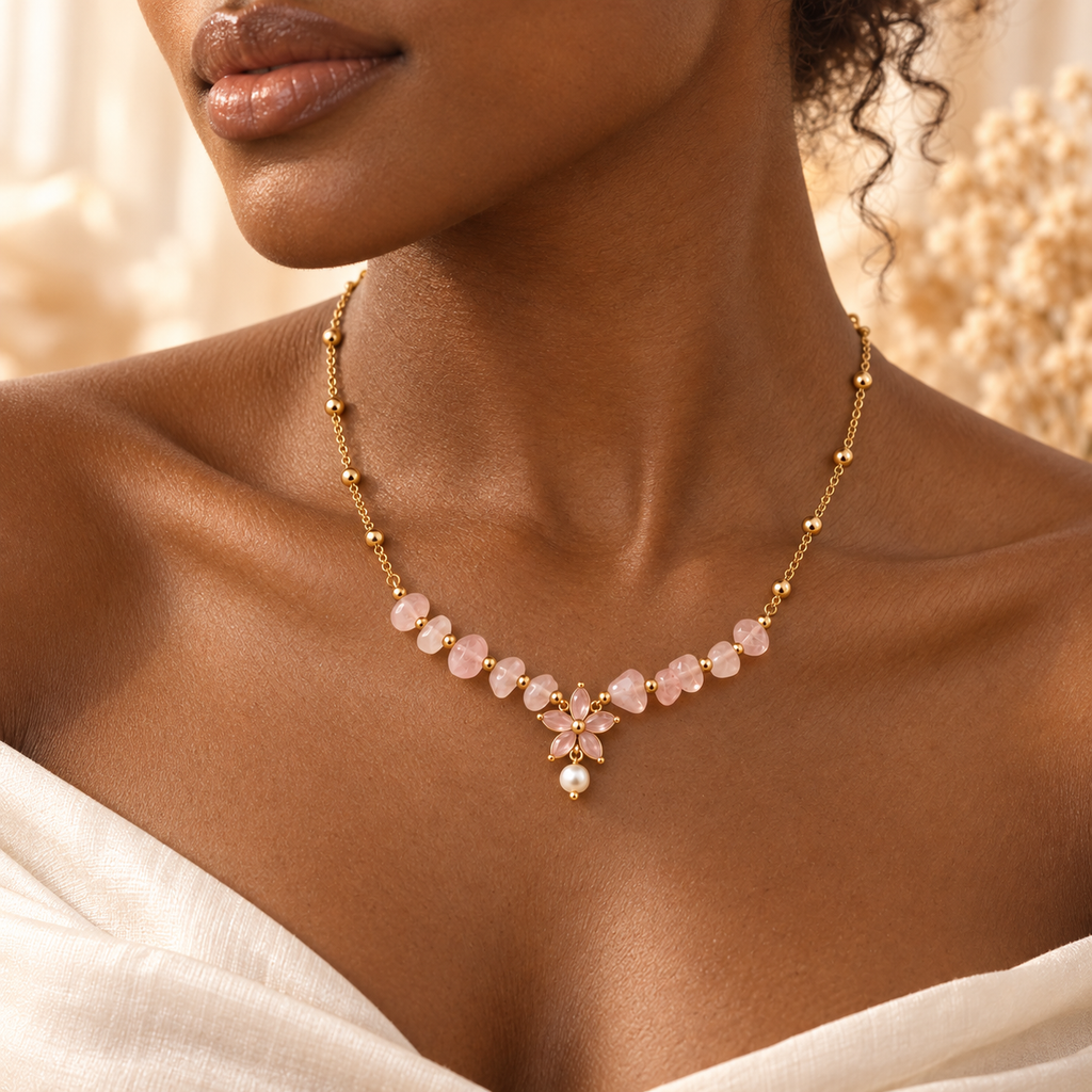Rosy Blossom — Personalized Rose Quartz Floral Necklace