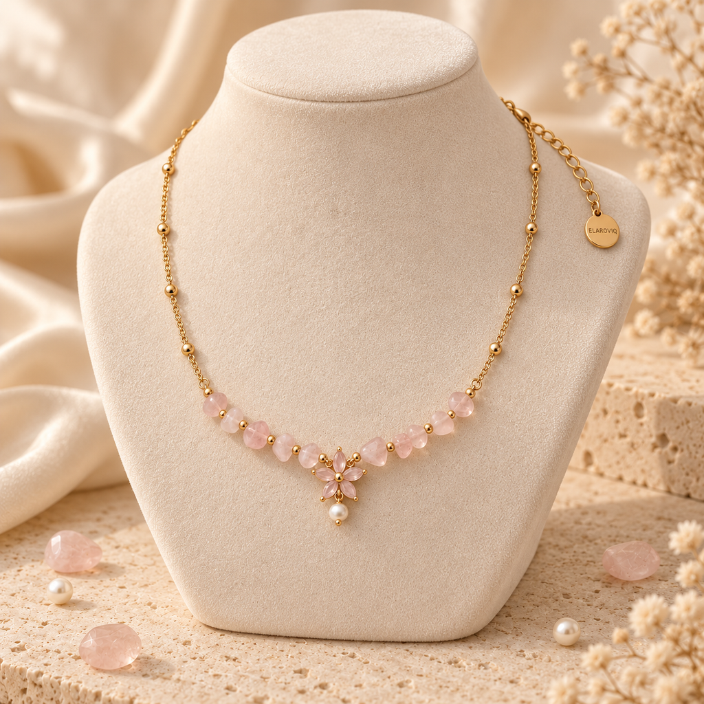 Rosy Blossom — Personalized Rose Quartz Floral Necklace