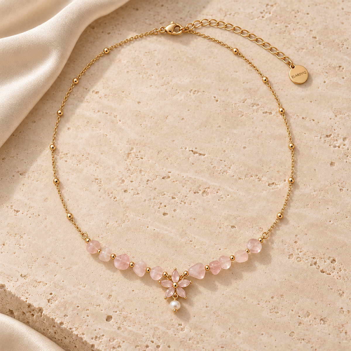 Rosy Blossom — Personalized Rose Quartz Floral Necklace